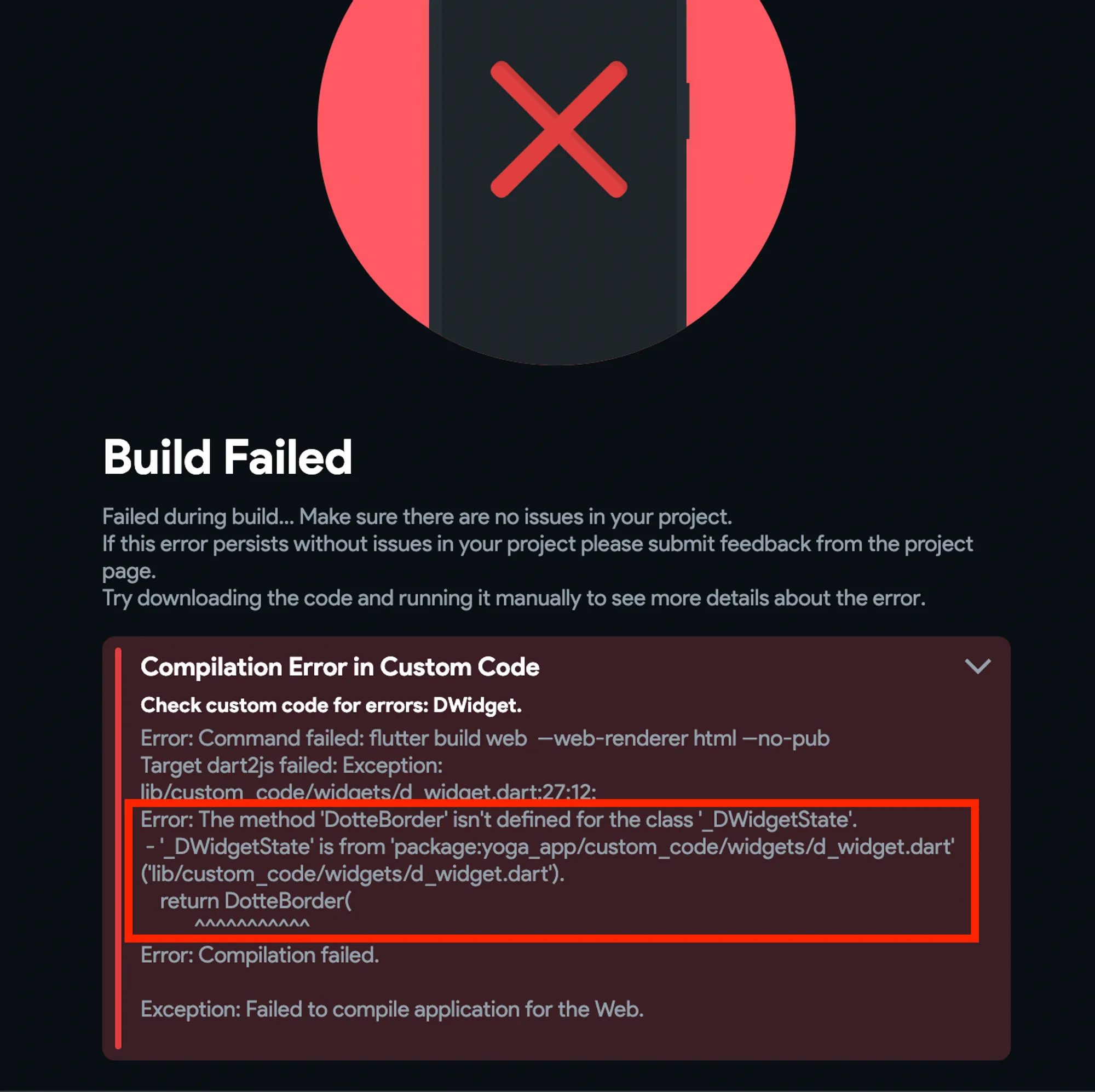Ошибка Run mode: Build failed