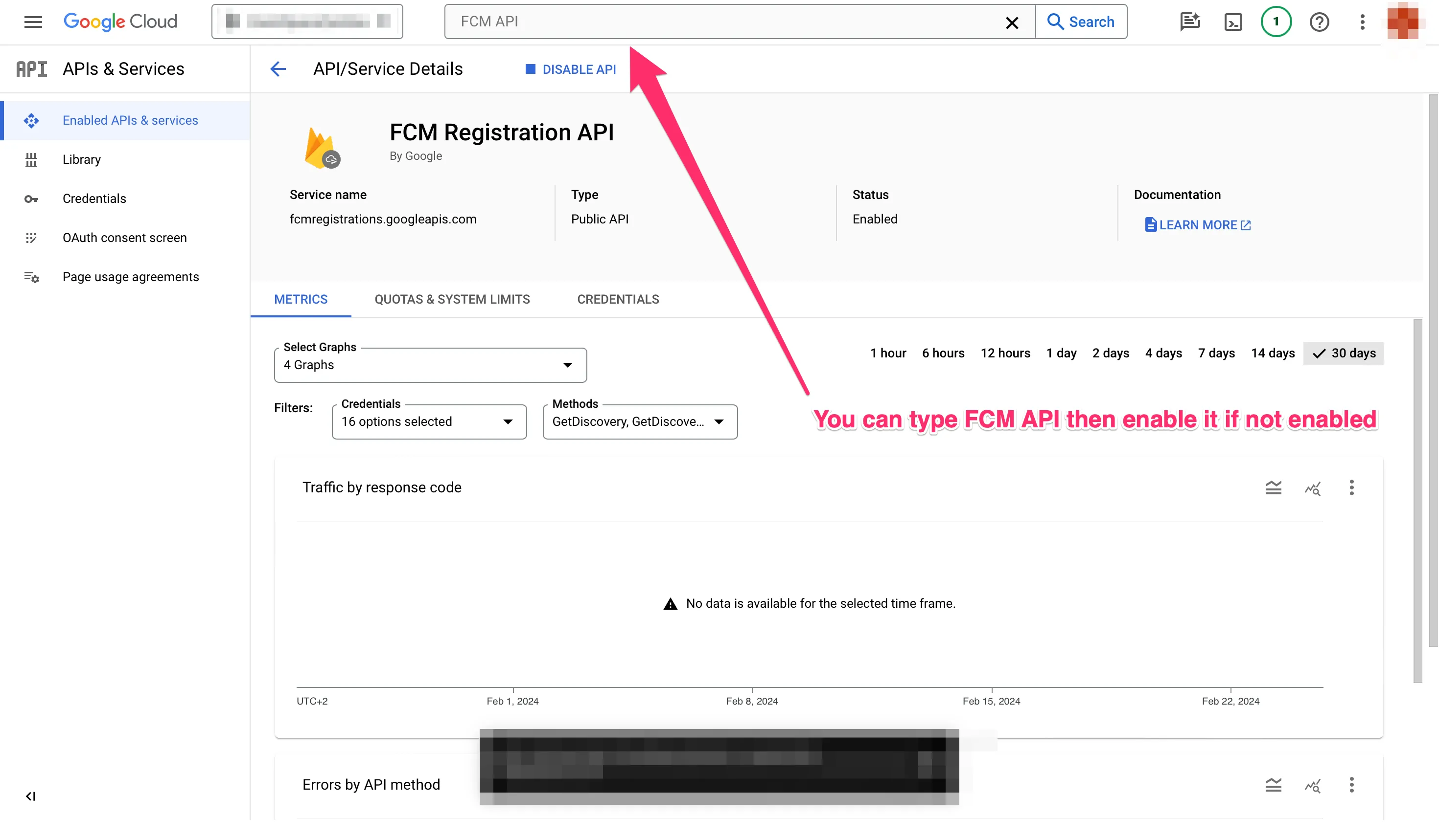 Включение FCM API в Google Cloud