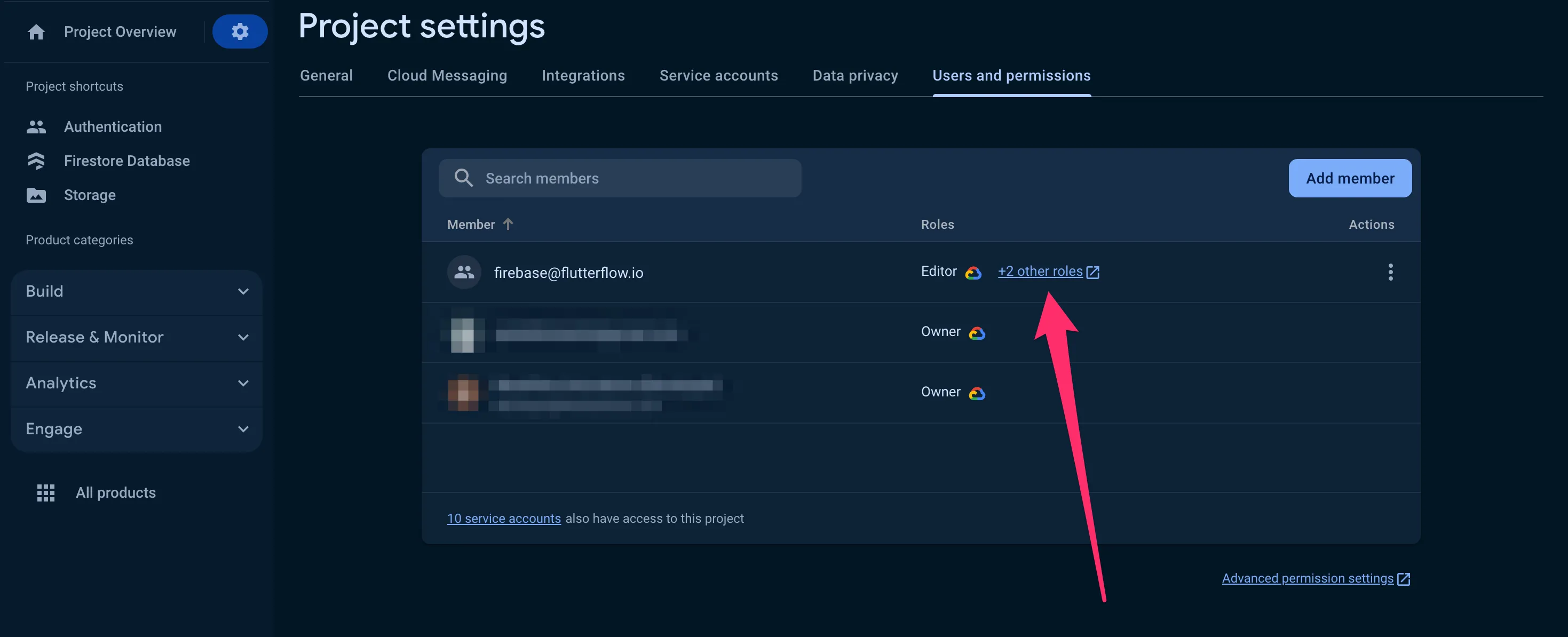 Список участников проекта Firebase