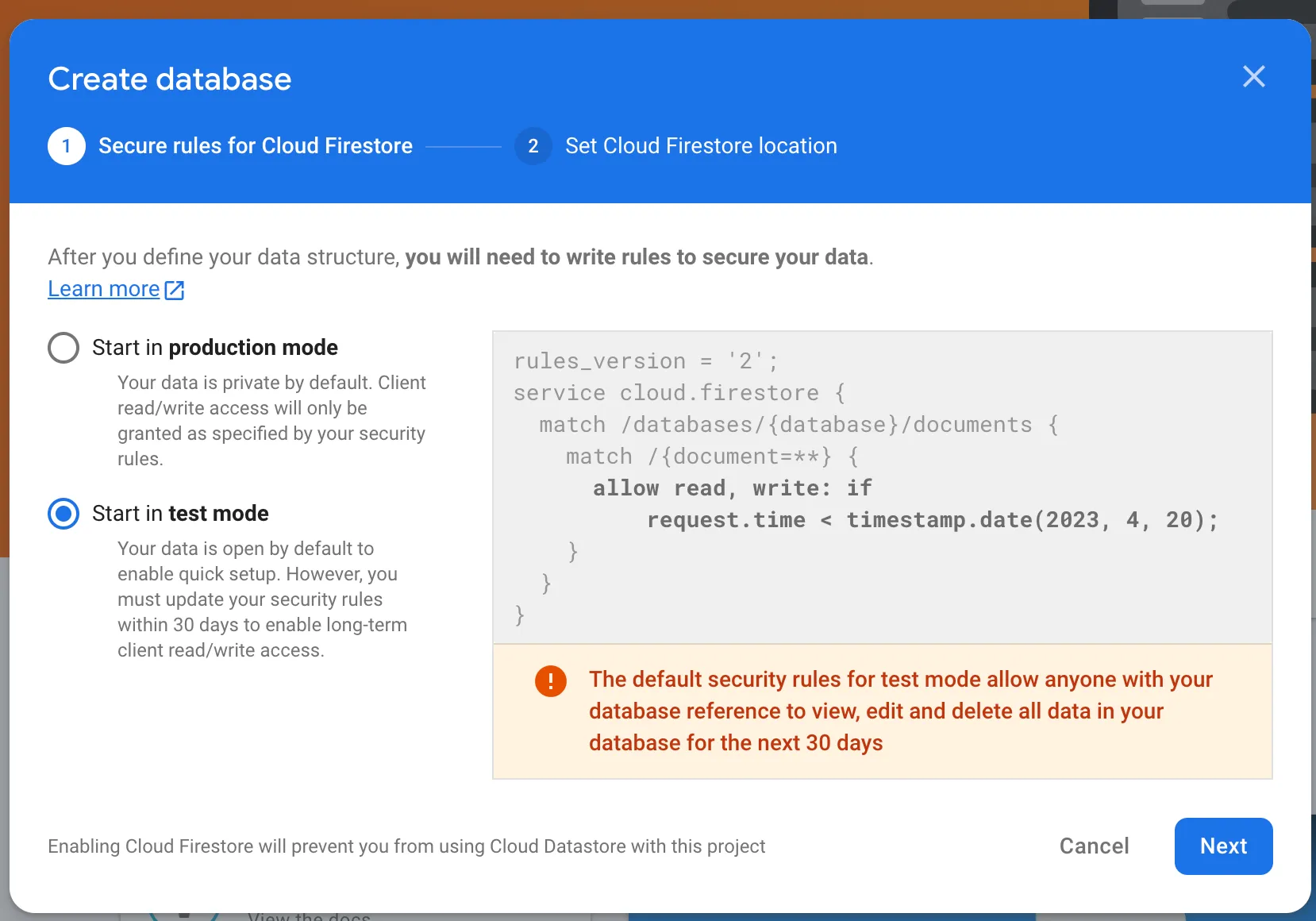 Выбор режима правил при создании базы Firestore
