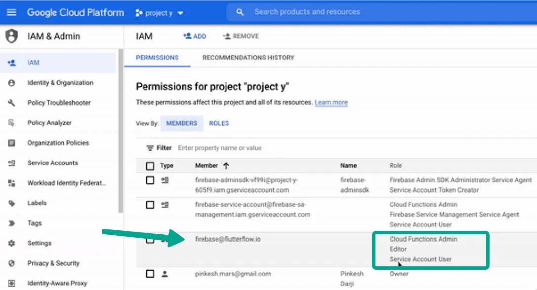 Роли firebase@flutterflow.io в настройках проекта