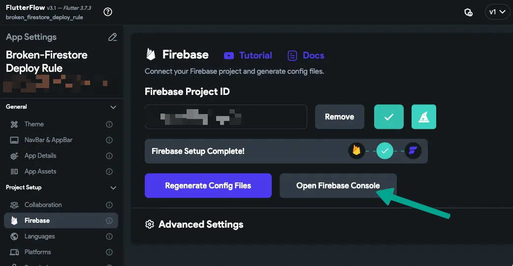 Кнопка перехода в консоль Firebase