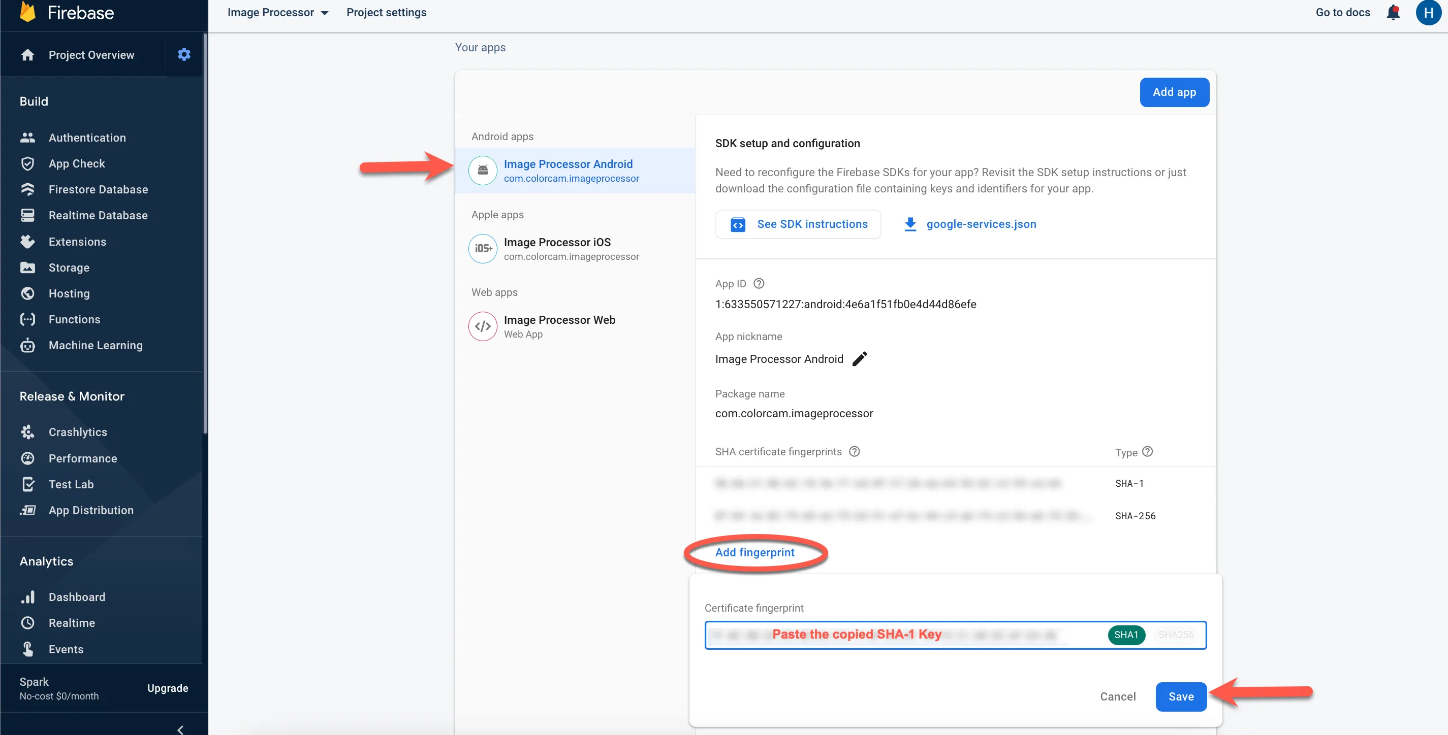 Добавление отпечатка в консоли Firebase