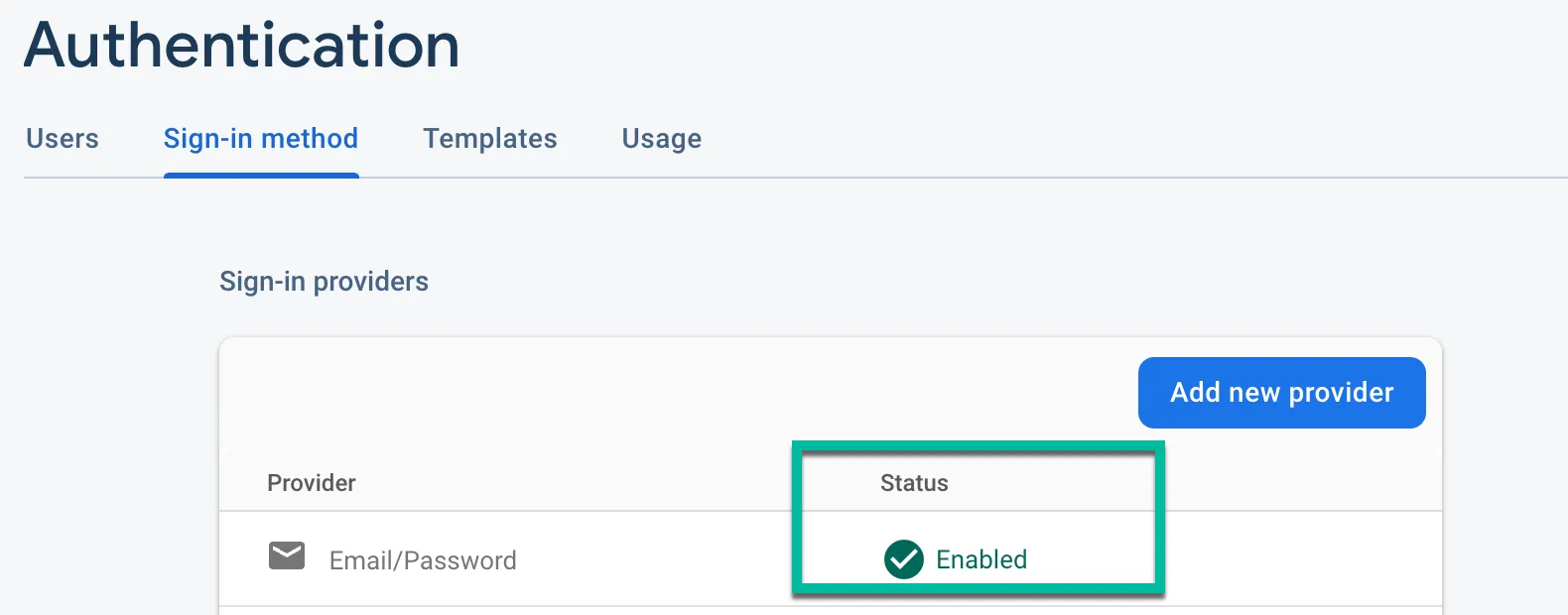 Способ входа Email/Password в консоли Firebase