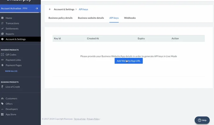 Запрос адреса сайта в Razorpay