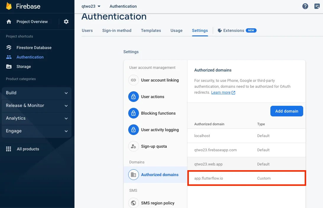 Добавление домена в Authorized domains