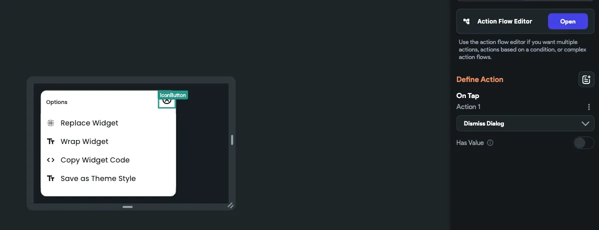 Добавление действия Dismiss Custom Dialog