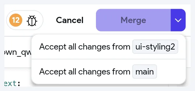 Меню Bulk Accept Changes рядом с кнопкой Merge