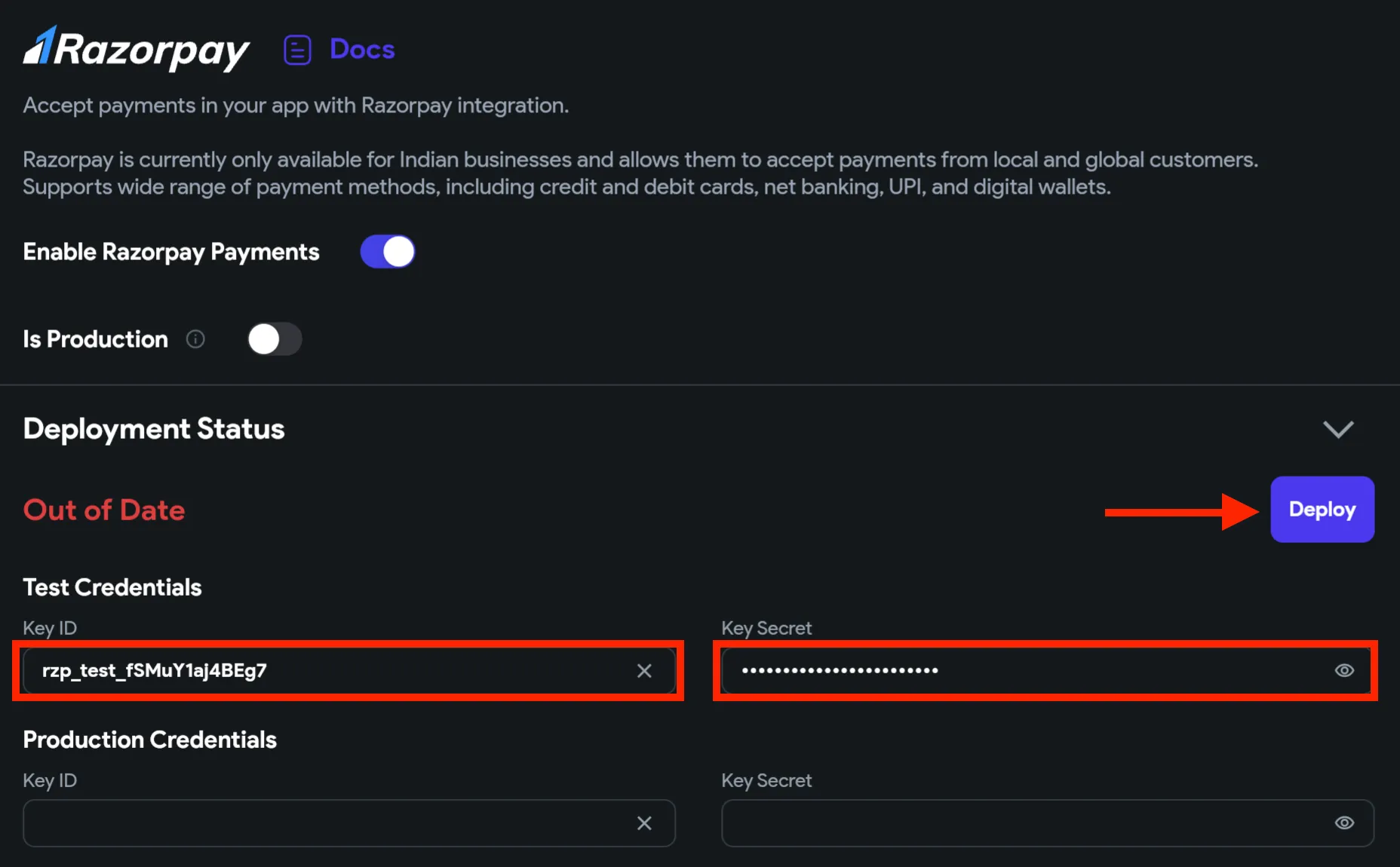 Кнопка Deploy в настройках Razorpay