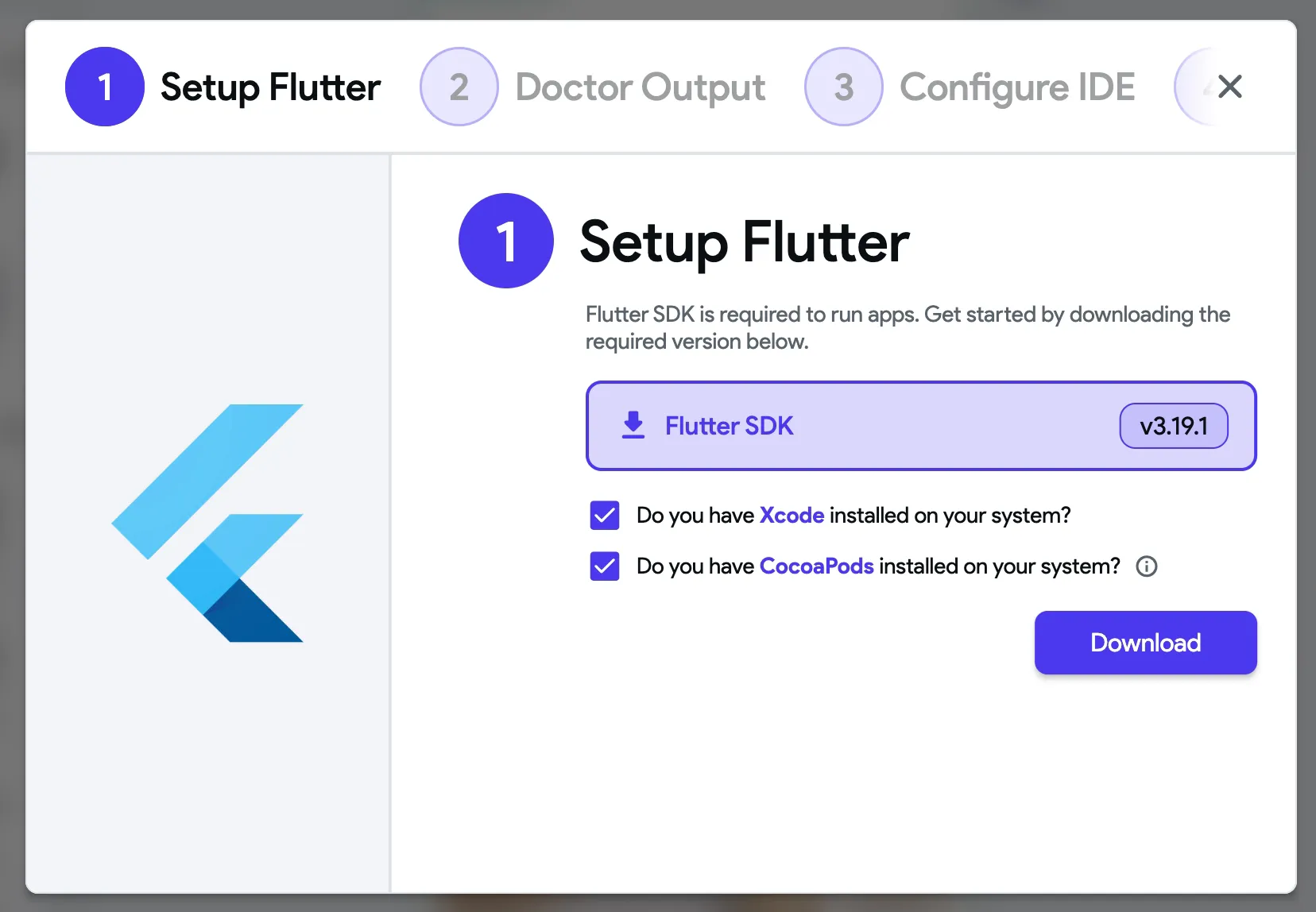 Шаг мастера с загрузкой Flutter SDK