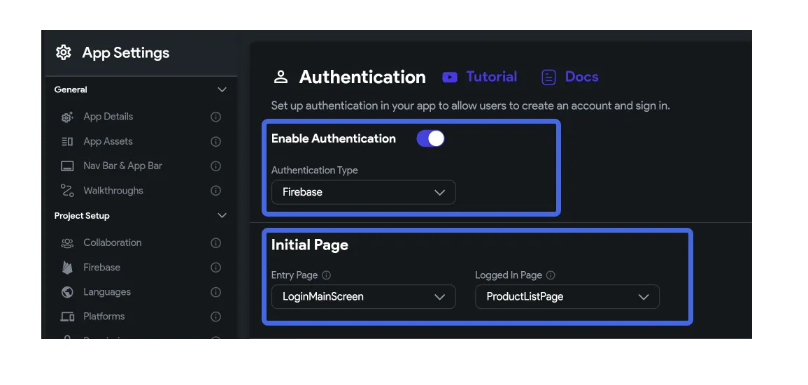 Настройки аутентификации Firebase