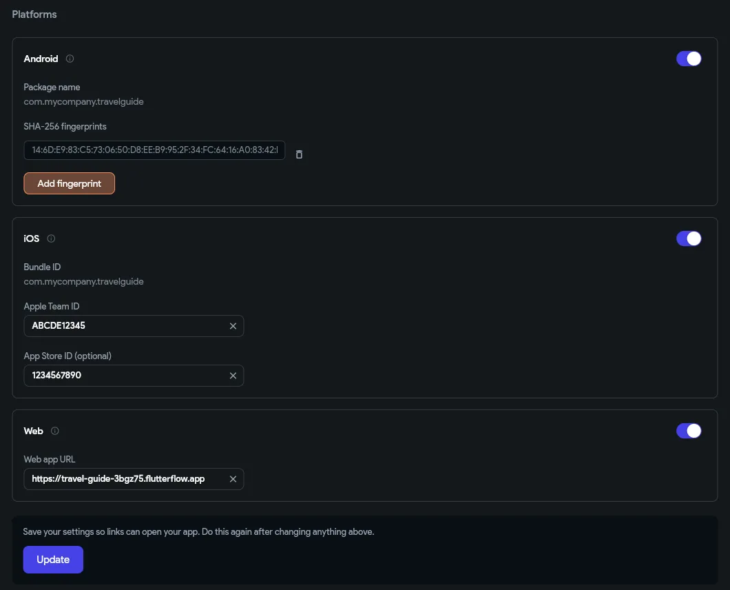 Вкладка Setup в настройках FlutterFlow Dynamic Links