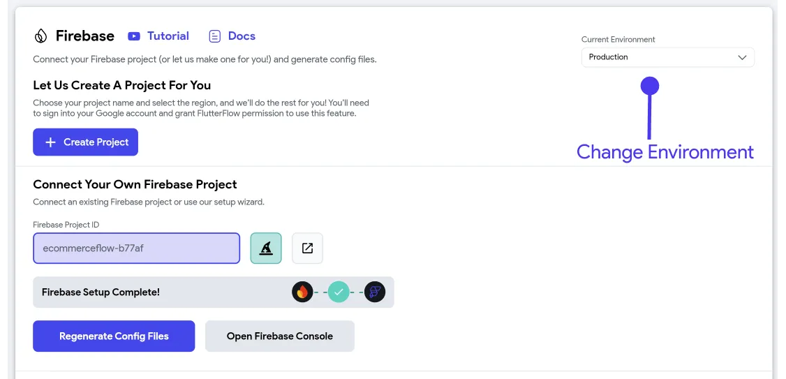 Выбор среды на странице настроек Firebase