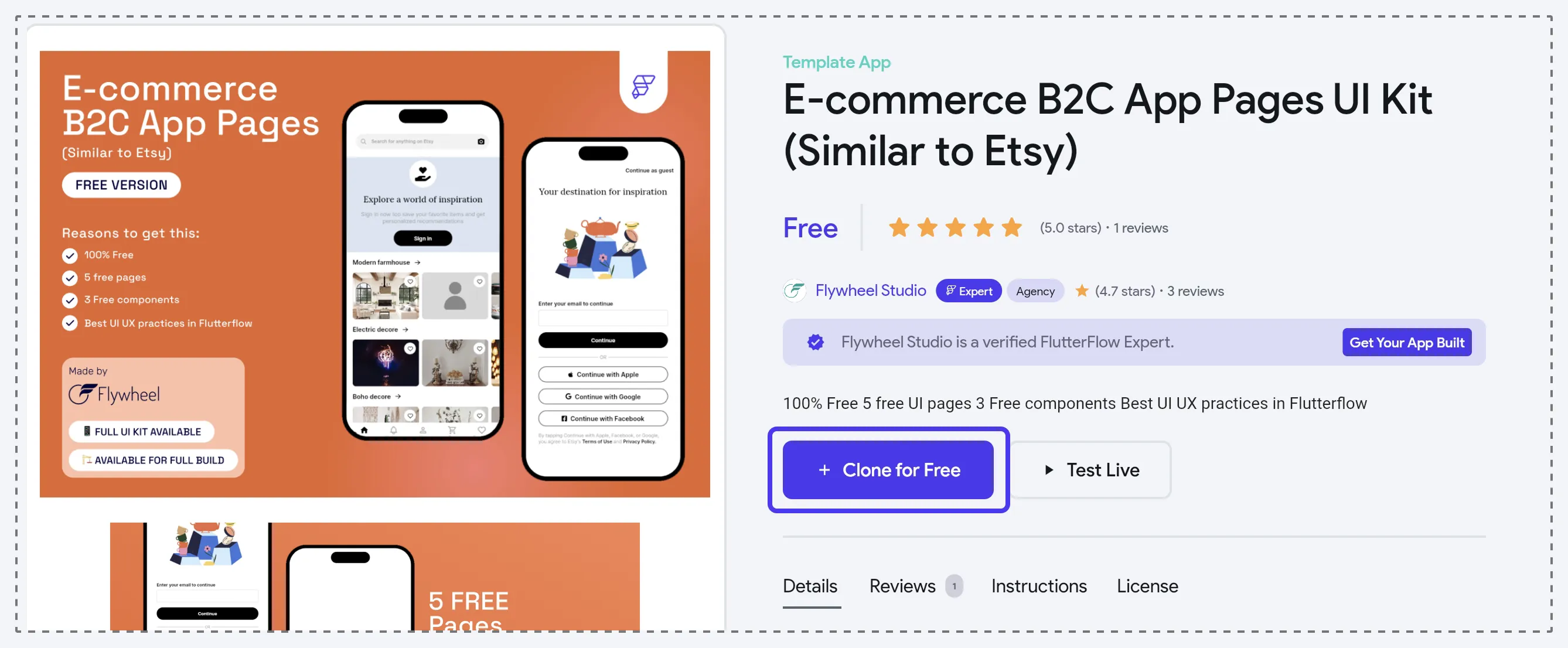 Кнопка + Clone for Free на странице бесплатного элемента