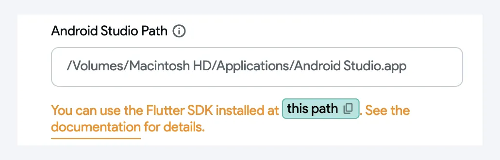 Кнопка this path с адресом Flutter SDK