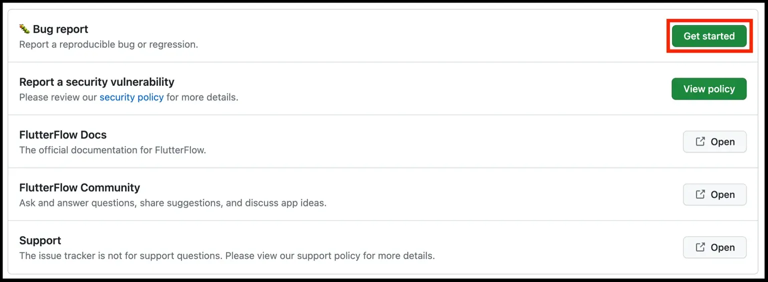 Кнопка Get Started напротив шаблона Bug Report