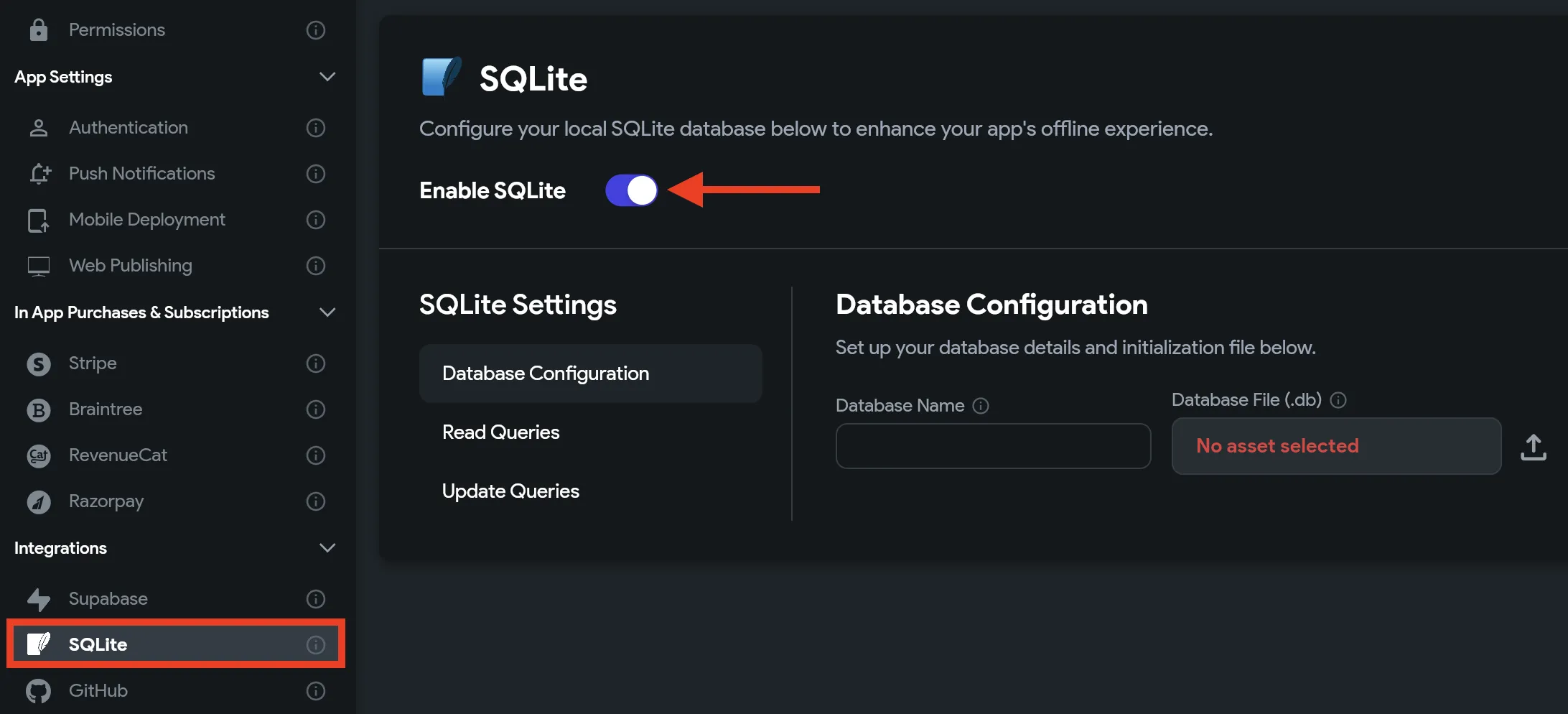Включение SQLite в настройках интеграций