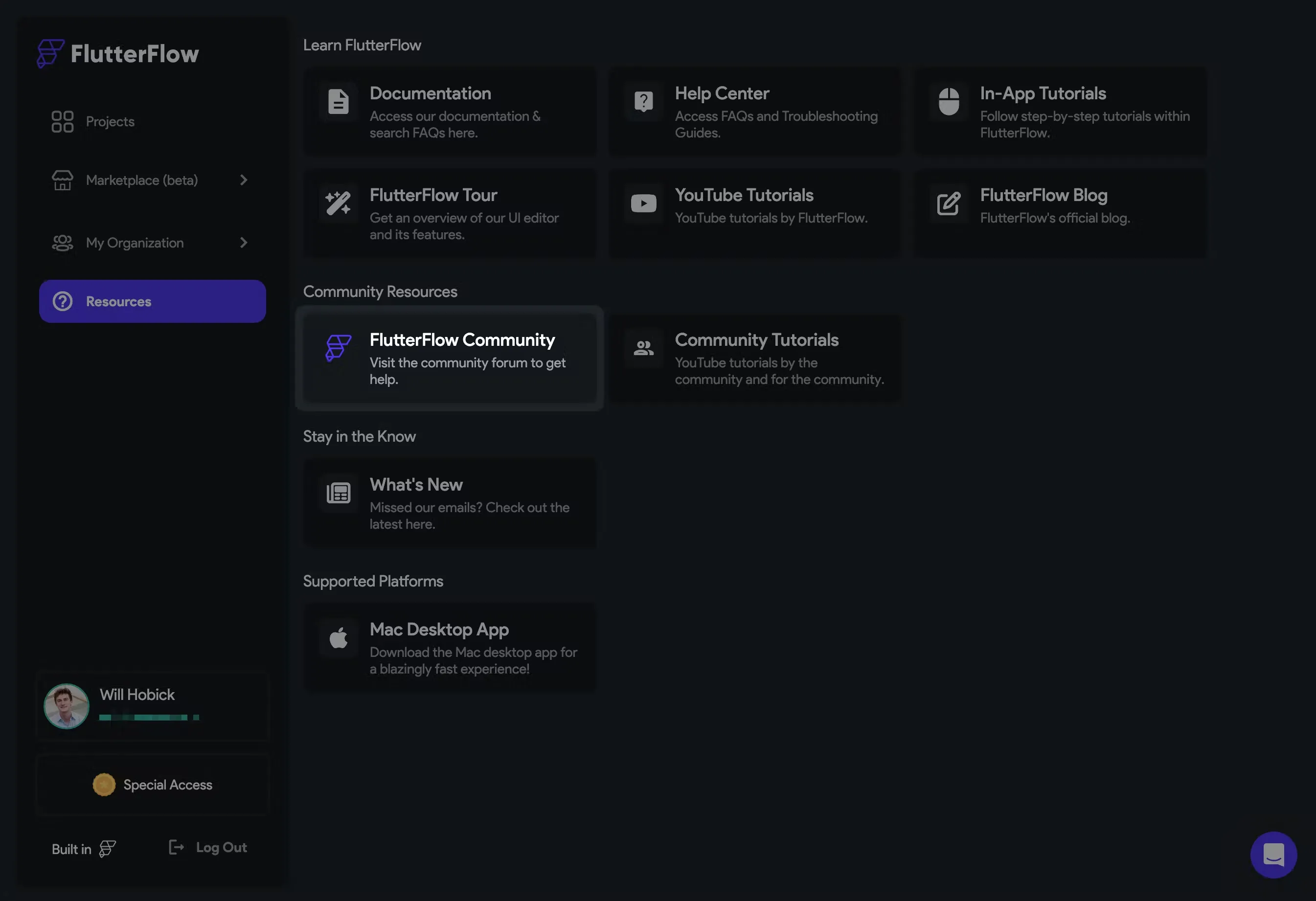 Пункт FlutterFlow Community во вкладке Resources