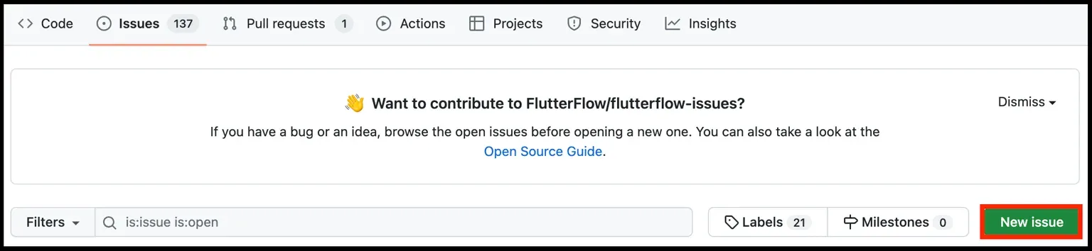 Кнопка New Issue в трекере ошибок FlutterFlow