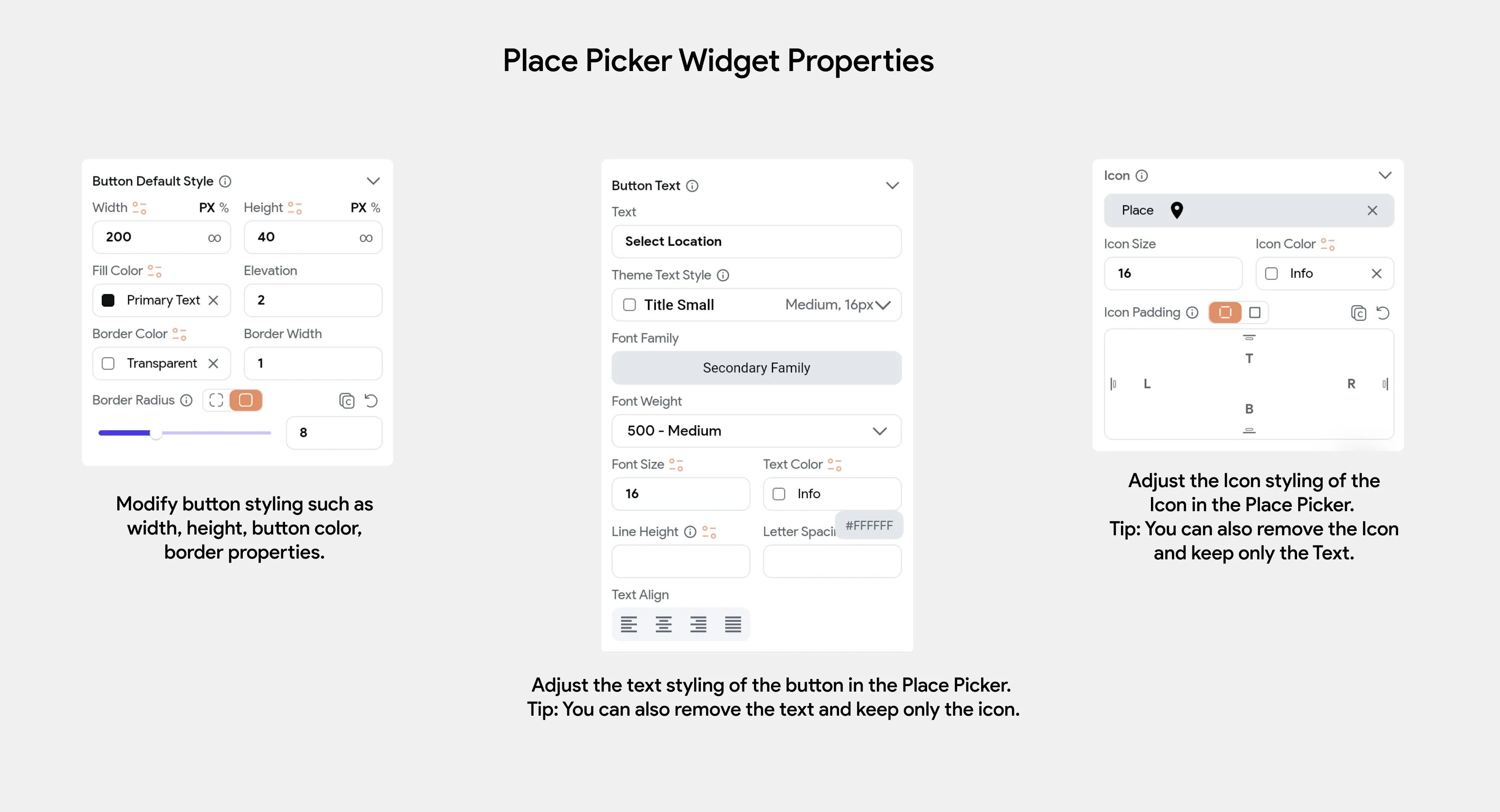 Свойства виджета Place Picker