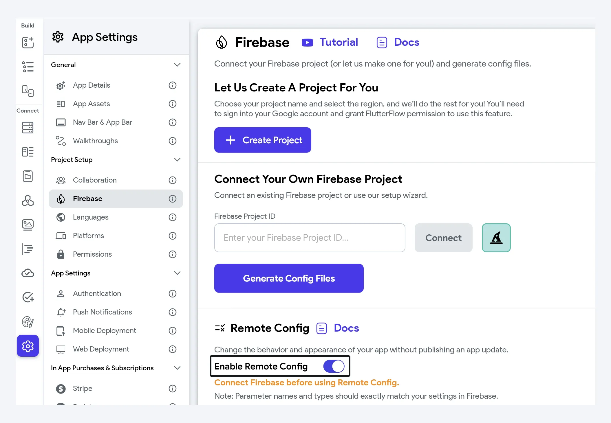 Включение Remote Config в настройках проекта