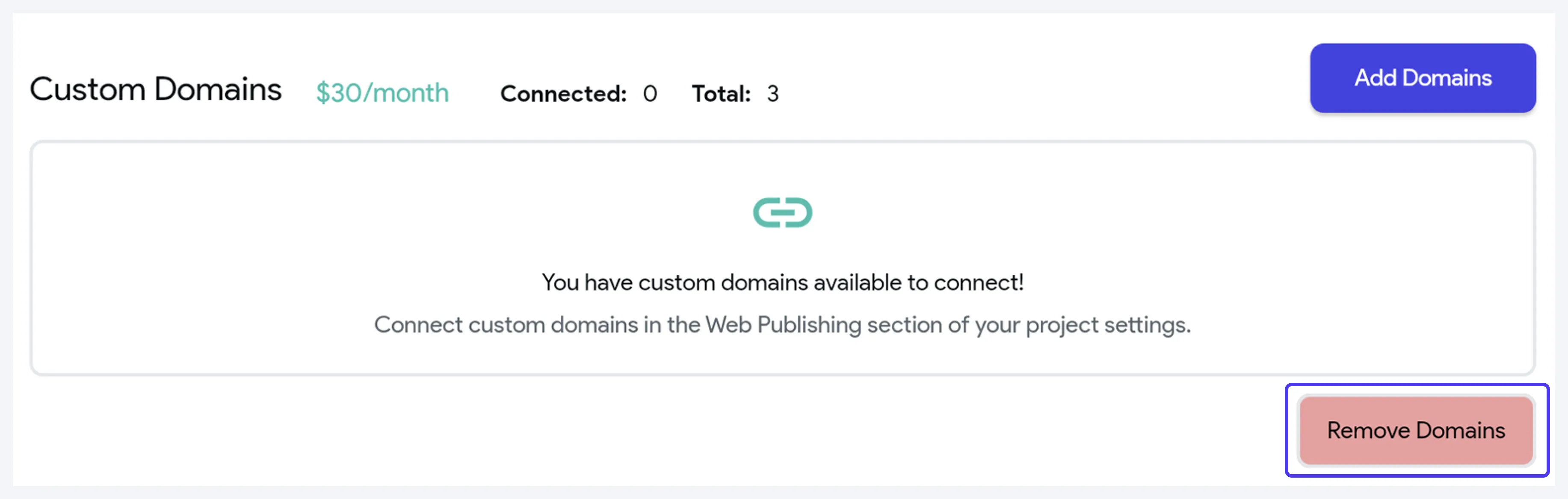 Кнопка Remove Domains в разделе Custom Domains на странице команды