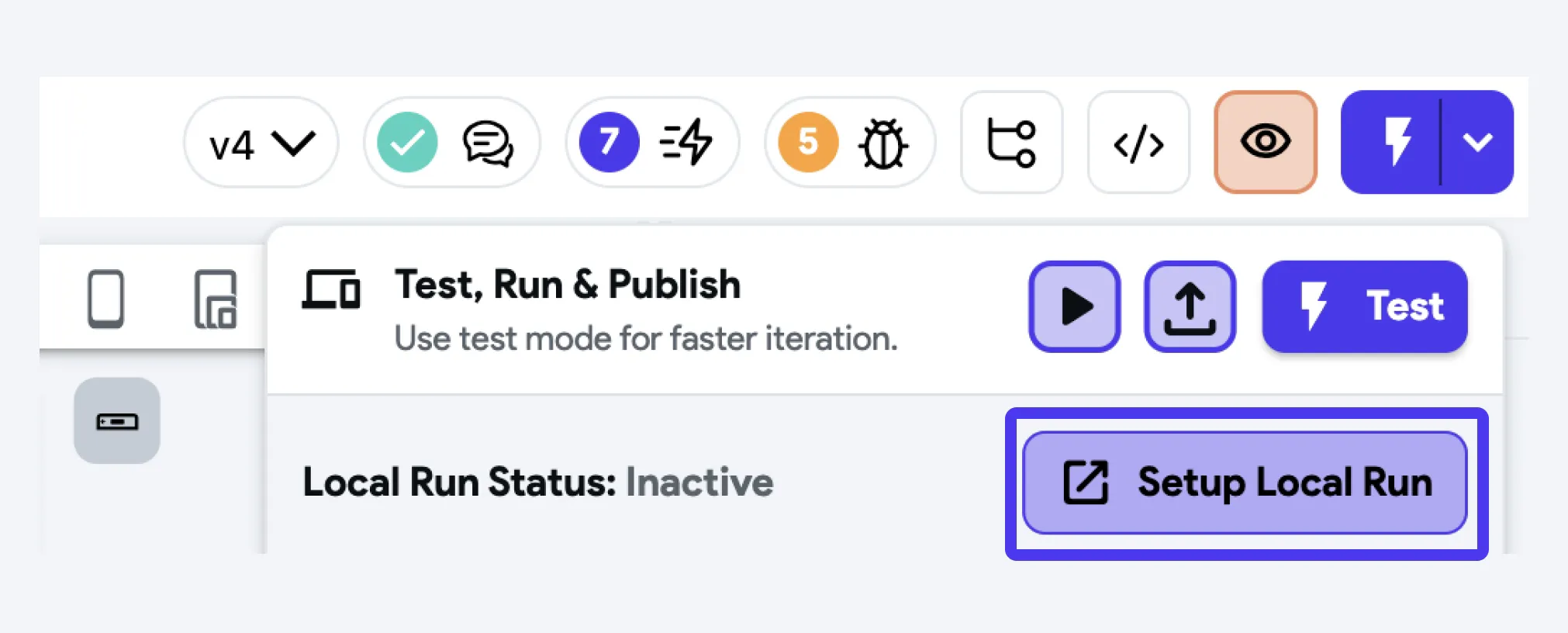 Пункт Setup Local Run в меню рядом с кнопкой Test Mode