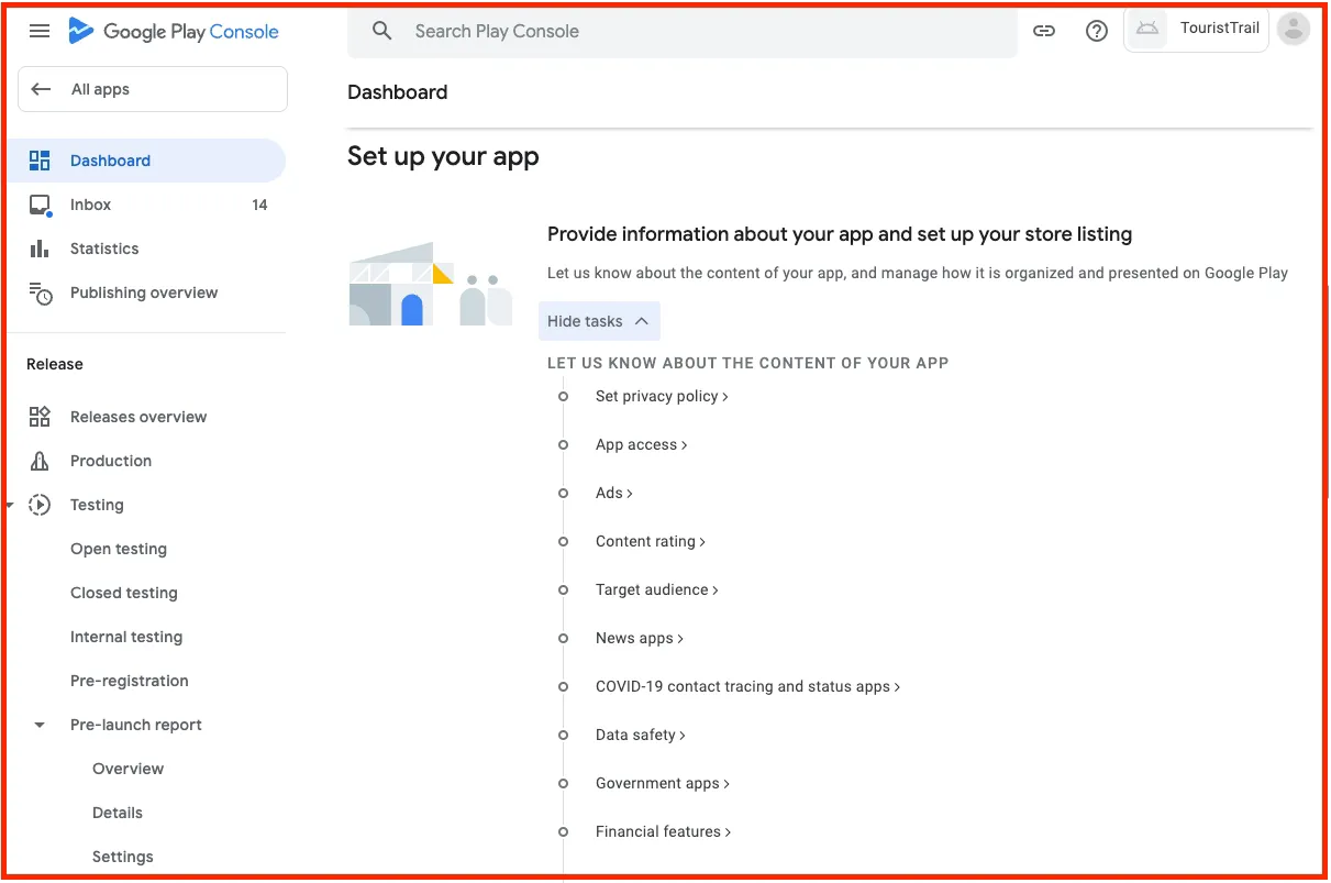 Список задач Set up your app в Google Play Console