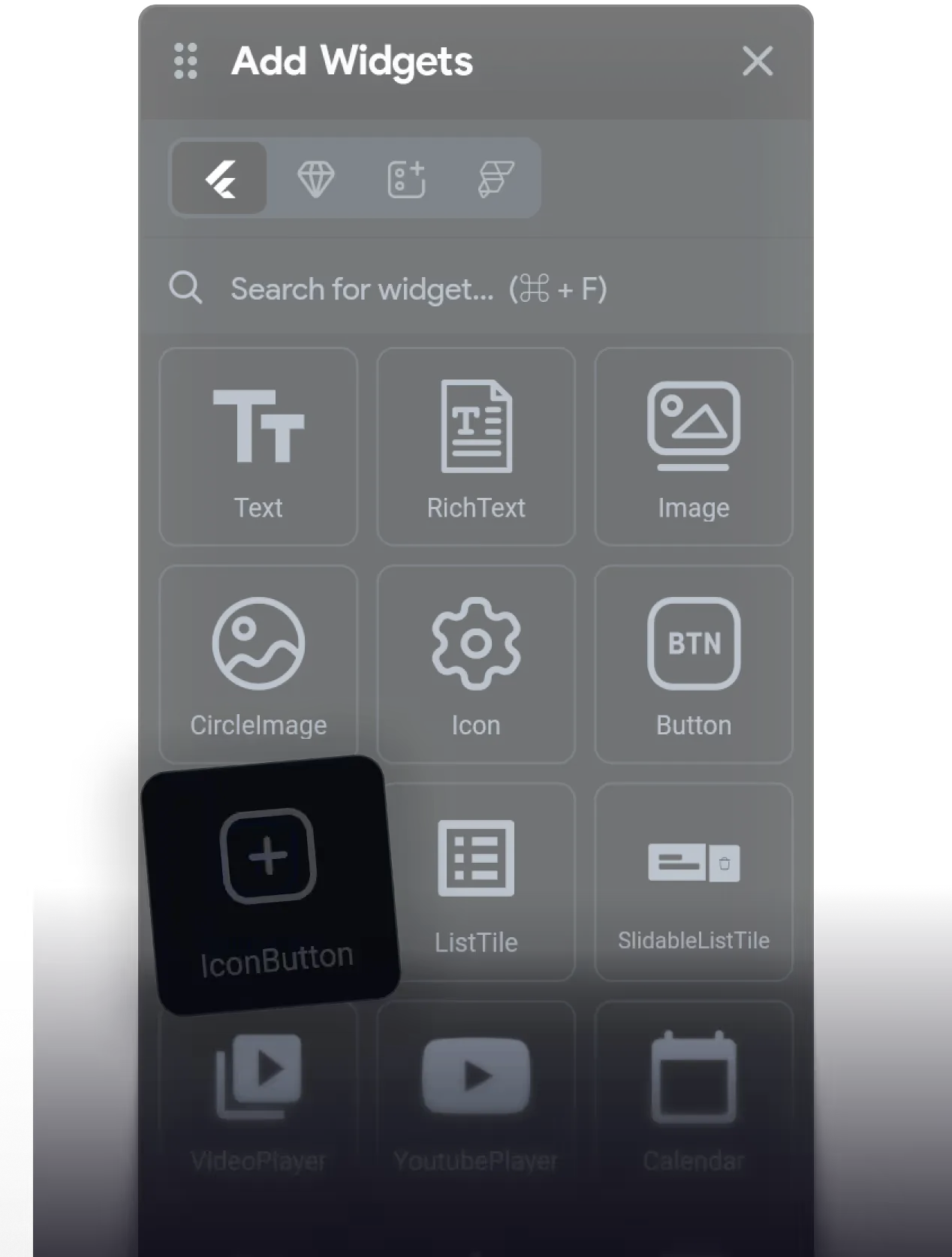 Панель добавления виджетов: Text, Image, Button, ListTile, Calendar и другие