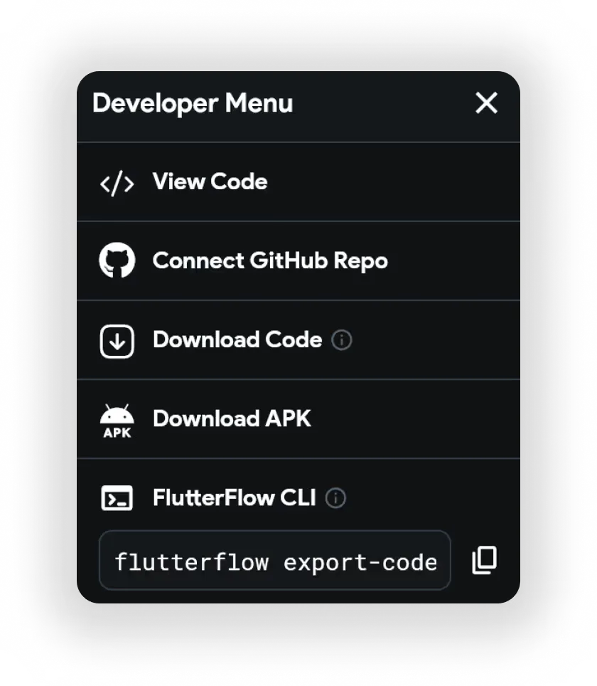 Меню разработчика: View Code, Connect GitHub Repo, Download Code, Download APK, FlutterFlow CLI